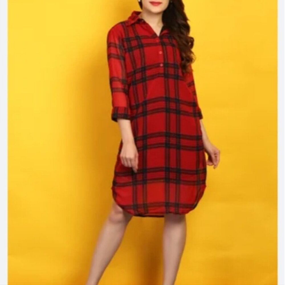 Icone Simons Red Plaid Long Sleeve Button Down Shirt Dress Midi Flannel Grunge